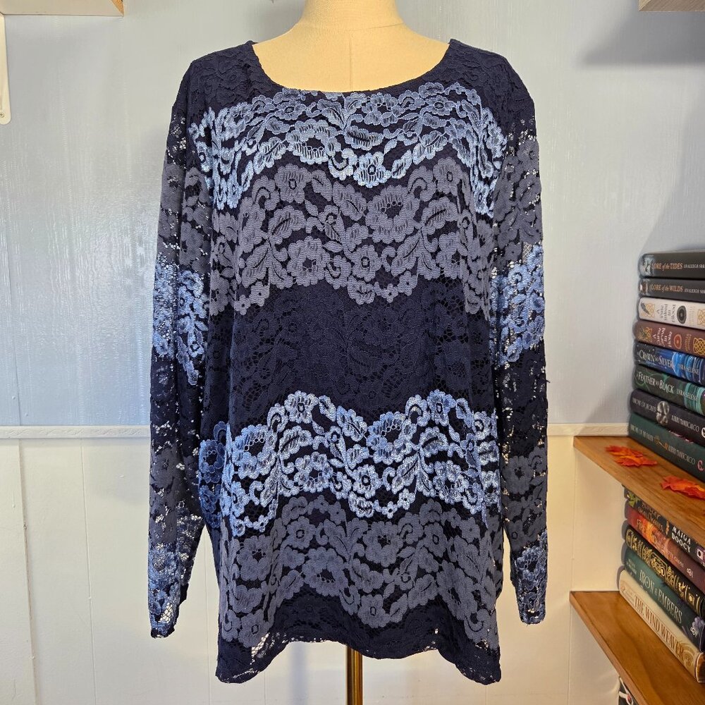 Project 2XL Blue Floral Lace Overlay Longsleeve Dressy Casual Holiday Blouse